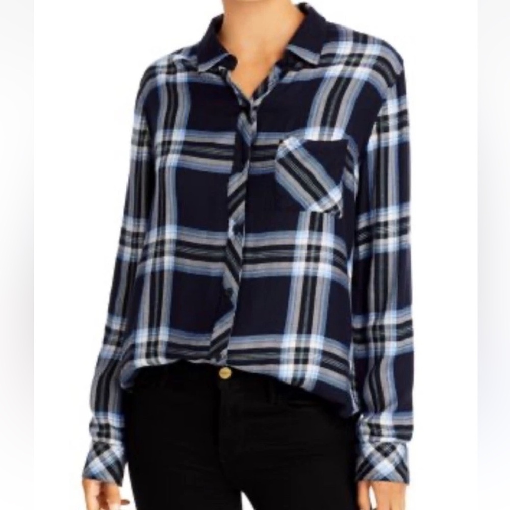 Rails Hunter plaid button-down shirt in a navy blue and white